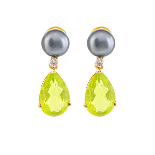 Black Pearl, Peridot and Diamond Earrings