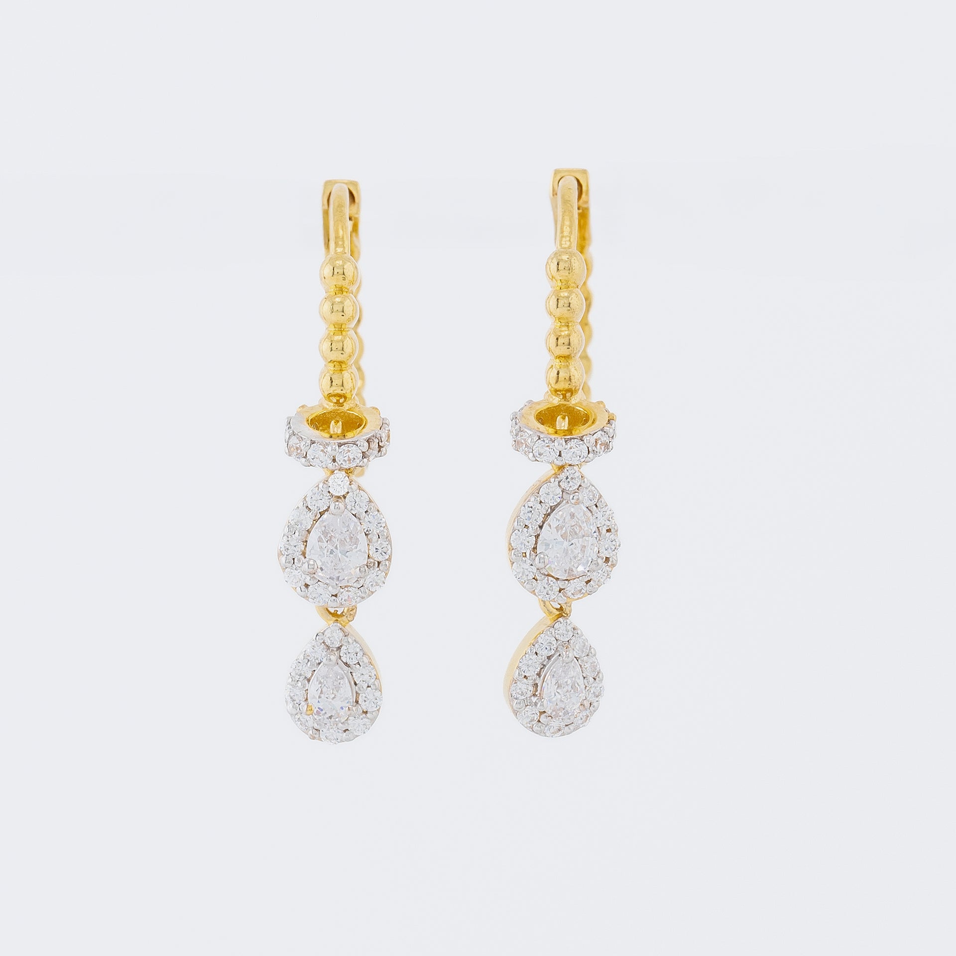 Gold Hoop Earrings with Pear and Round Diamond Drops