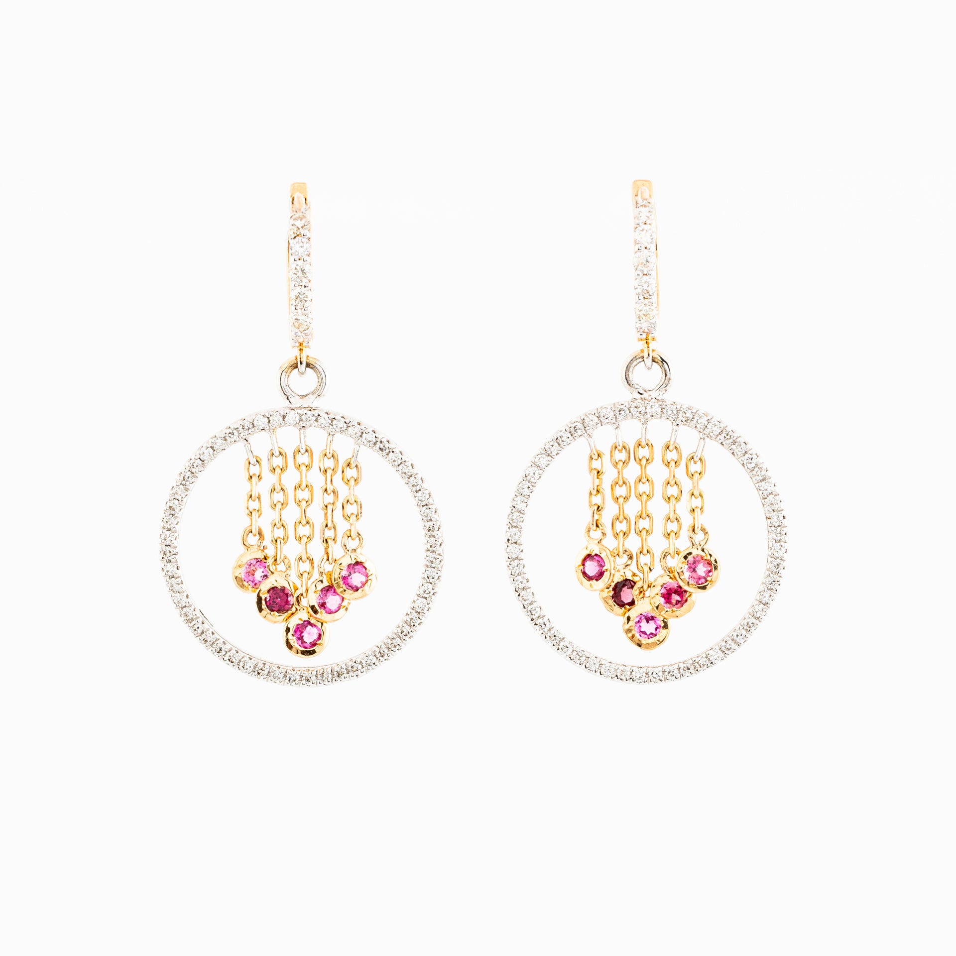 Diamond and Pink Gemstone Circle Drop Earrings