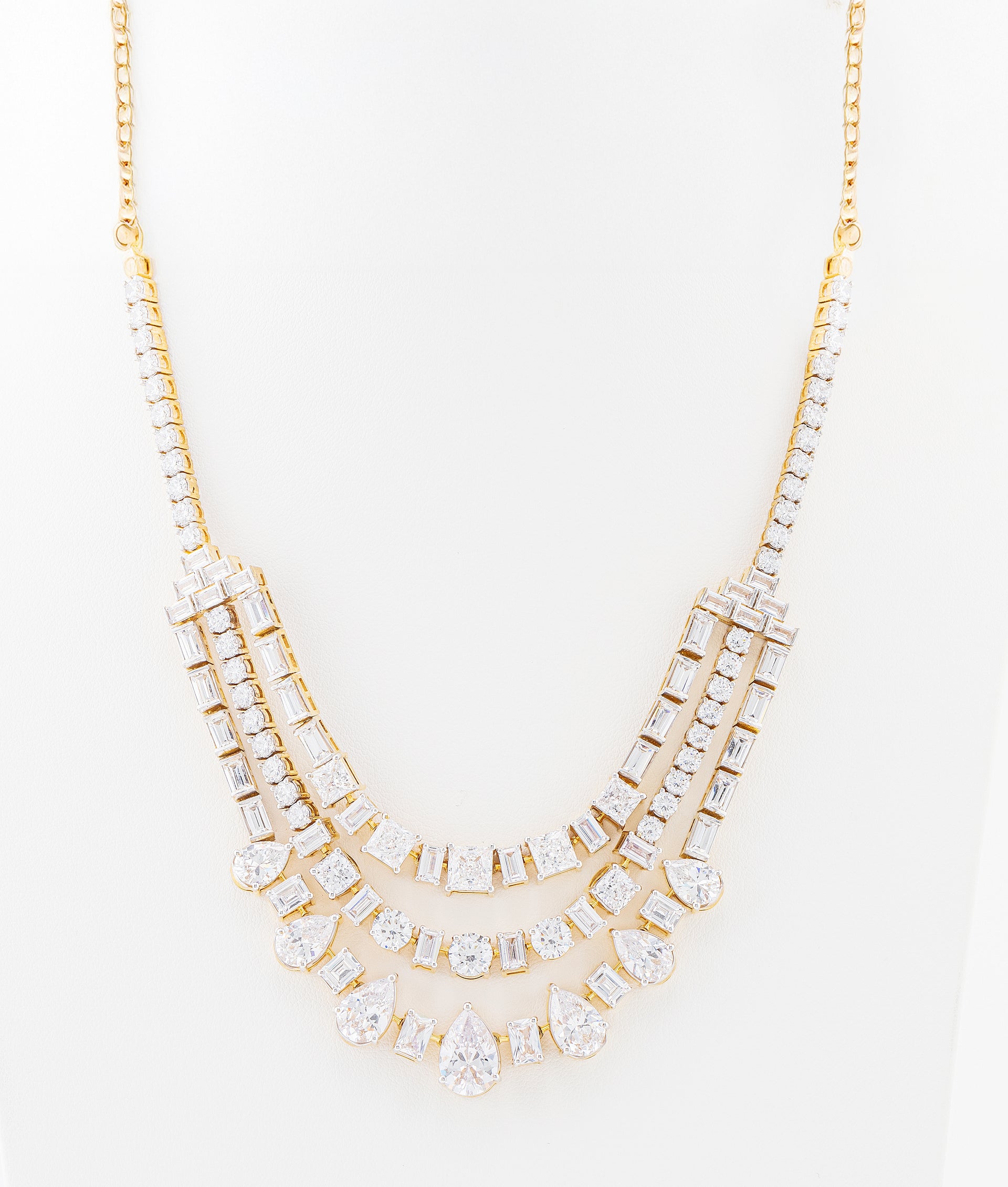 Three Line Mixed-Shape Diamond Solitaire Necklace