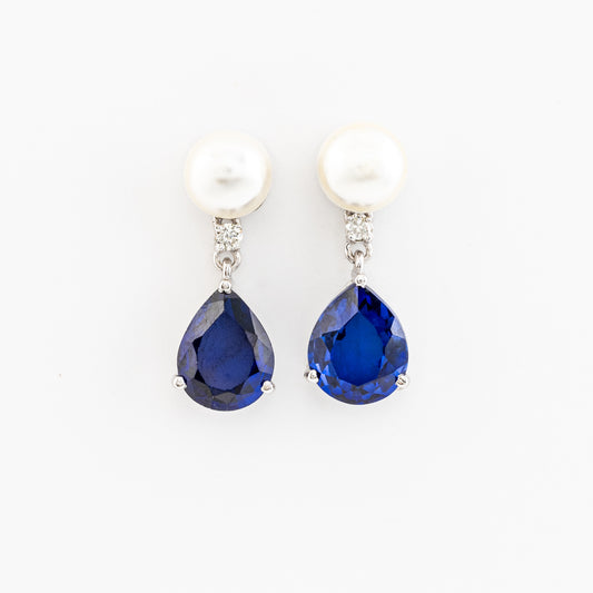 White Pearl and Blue Sapphire Earrings