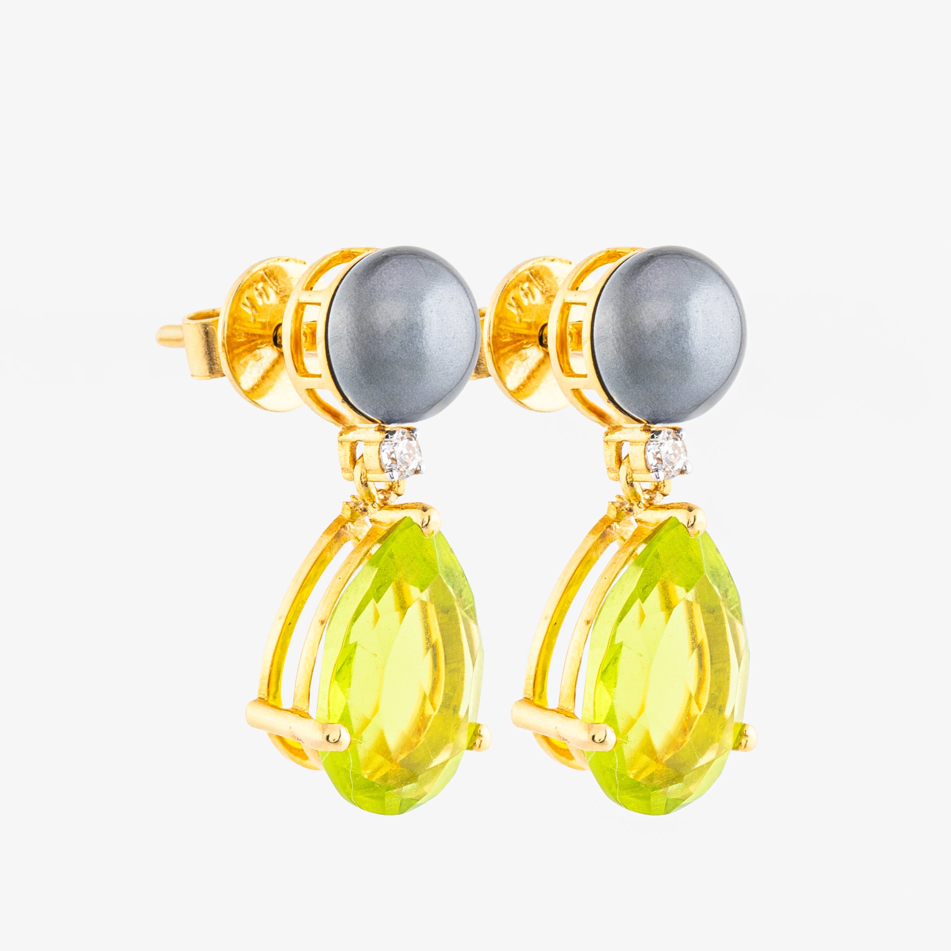 Black Pearl, Peridot and Diamond Earrings
