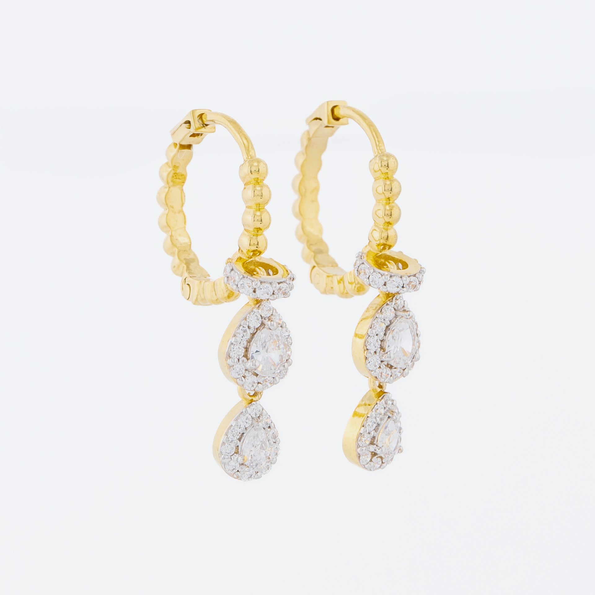 Gold Hoop Earrings with Pear and Round Diamond Drops