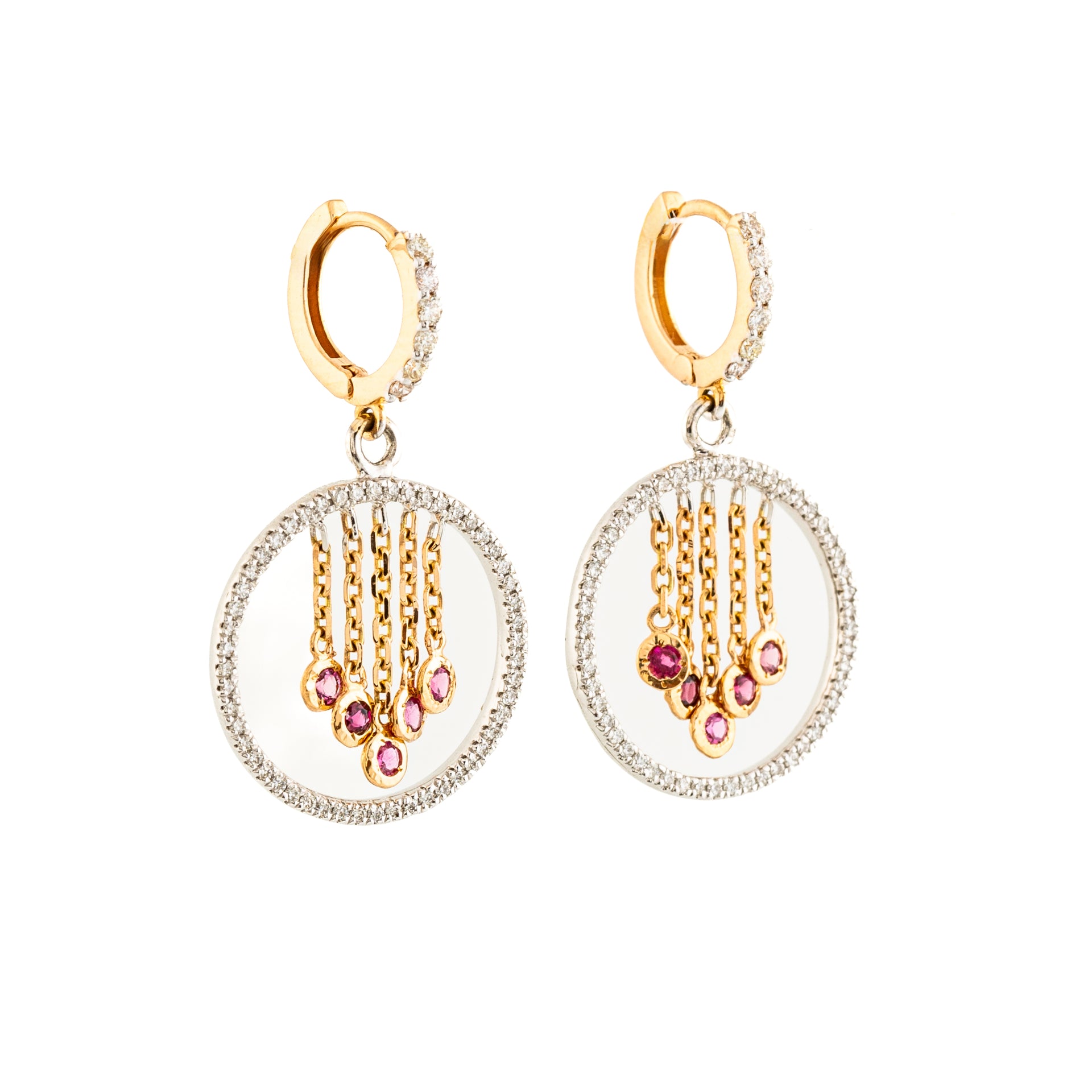 Diamond and Pink Gemstone Circle Drop Earrings
