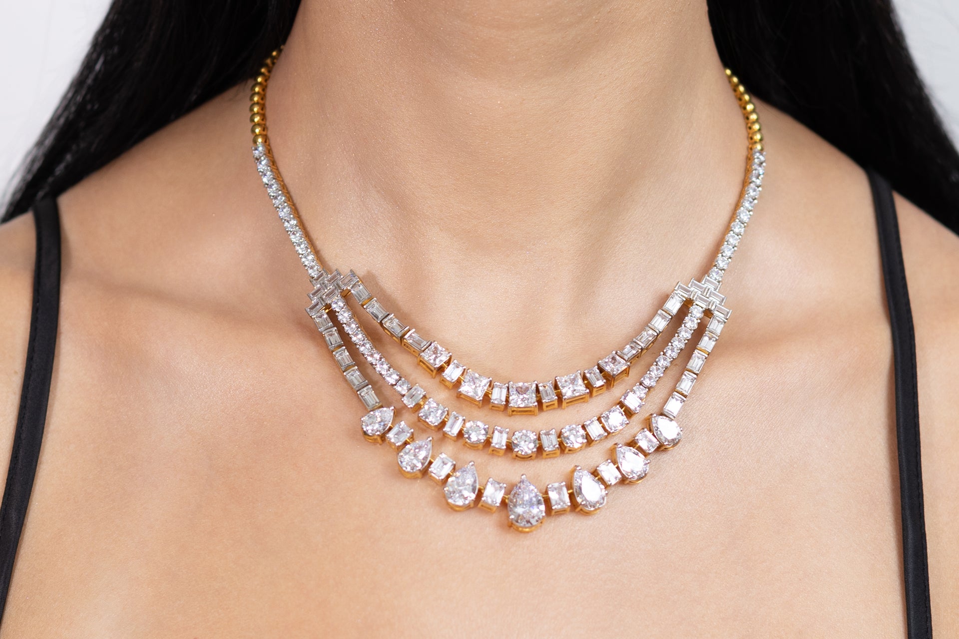 Three Line Mixed-Shape Diamond Solitaire Necklace