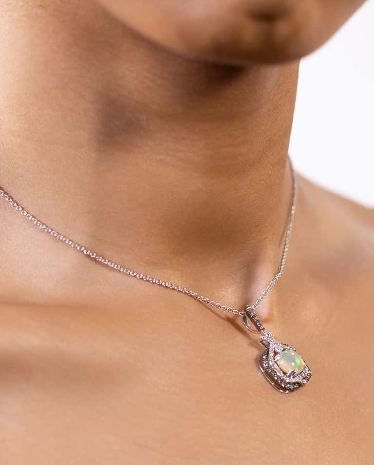 White Opal, Champagne and White Diamond Necklace