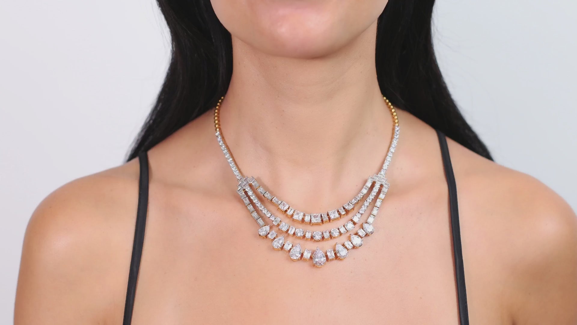 Three Line Mixed-Shape Diamond Solitaire Necklace